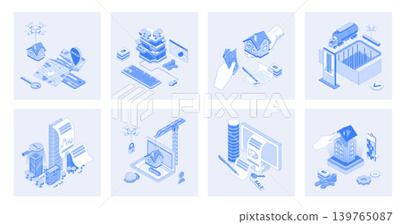 Real estate 3d isometric concept set with isometric icons design for web. Collection of searching new home, property buying, houses building, customer bank loan and mortgage. Vector illustration Real estate 3d isometric concept set with isometric icons design for web. Collection of searching new home, property buying, houses building, customer bank loan and mortgage. Vector illustration 139765087