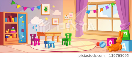 Kindergarten interior background banner for game design. Daycare room with table, child chairs, different toys, book shelf with learning tools, window, garlands, other. Vector cartoon illustration Kindergarten interior background banner for game design. Daycare room with table, child chairs, different toys, book shelf with learning tools, window, garlands, other. Vector cartoon illustration 139765095