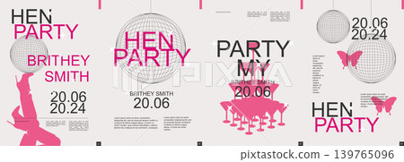 Hen party modern banner with trendy minimalist typography design. Poster templates with disco balls grids composition, pink cocktail glasses, female shoes heels and text elements. Vector illustration. Hen party modern banner with trendy minimalist typography design. Poster templates with disco balls grids composition, pink cocktail glasses, female shoes heels and text elements. Vector illustration. 139765096