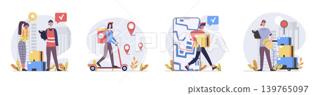 Delivery concept with people scenes set in flat web design. Collection of character situation with couriers shipping parcels from warehouse, logistics and distribution orders. Vector illustrations. Delivery concept with people scenes set in flat web design. Collection of character situation with couriers shipping parcels from warehouse, logistics and distribution orders. Vector illustrations. 139765097