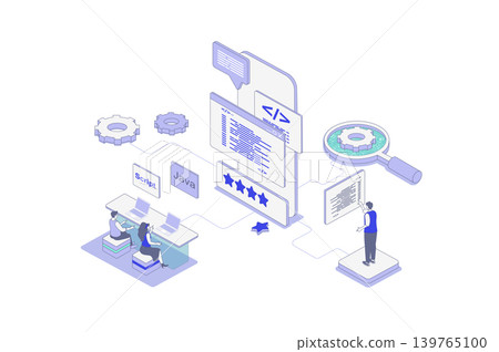 App development isometric concept in outline isometry design for web. People making mobile phone layouts, programming application interface with scripts, coding app and software. Vector illustration. 139765100