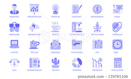 Office supplies web icons set in duotone flat design. Pack pictograms with manager, presentation, contract, email, briefcase, brainstorm, coffee maker, call, file folder, other. Vector illustration. Office supplies web icons set in duotone flat design. Pack pictograms with manager, presentation, contract, email, briefcase, brainstorm, coffee maker, call, file folder, other. Vector illustration. 139765106