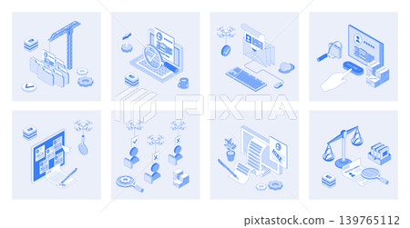 HR process 3d isometric concept set with isometric icons design for web. Collection of online resume searching, candidate job interview, choose applicants, company employment. Vector illustration 139765112