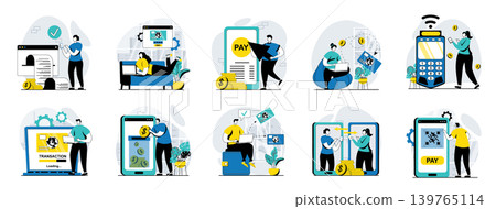 E-payment web concept with people scenes mega set in flat design. Bundle of character situations with payment online at store, clients paying with credit card using application. Vector illustrations. E-payment web concept with people scenes mega set in flat design. Bundle of character situations with payment online at store, clients paying with credit card using application. Vector illustrations. 139765114