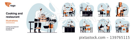 Cooking and restaurant concept with people scenes mega set in flat web design. Bundle of character situation with chef make cake, kitchen staff working, waiters serving food. Vector illustrations. 139765115