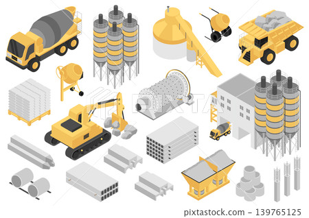 Cement manufacturing isometric elements constructor mega set. Creator kit with flat graphic concrete mixers, machinery, slabs, blocks pile, factory buildings. Vector illustration in 3d isometry design 139765125