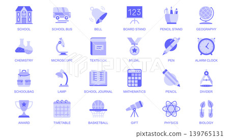 Education web icons set in duotone flat design. Pack pictograms with school bus, bell, board stand, pencil, geography, chemistry, microscope, medal, pen, study, schoolbag, other. Vector illustration. 139765131