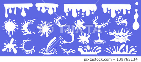 Milk stain mega set in cartoon graphic design. Bundle elements of splashing white borders with drops, dripping yogurt liquids, round blots, flowing wavy shapes. Vector illustration isolated objects 139765134