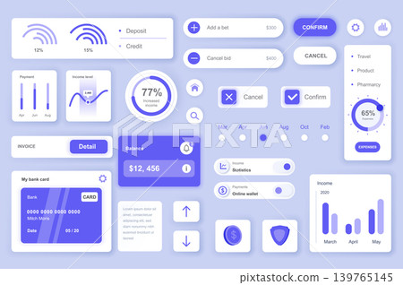 User interface elements set for Banking mobile app or web. Kit template with HUD, financial management, deposit and credit, account balance, invoice, payments. Pack of UI, UX, GUI. Vector components. User interface elements set for Banking mobile app or web. Kit template with HUD, financial management, deposit and credit, account balance, invoice, payments. Pack of UI, UX, GUI. Vector components. 139765145