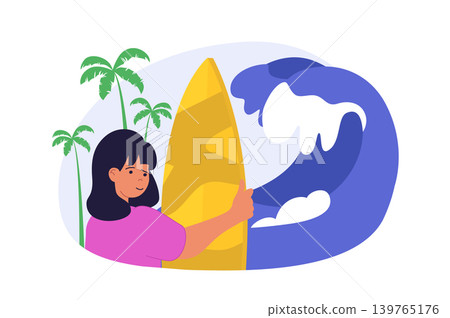 Travel concept in modern flat design for web. Woman with surfboard going to summer vacation to tropical island by sea or ocean with high waves for active rest with surfing. Vector illustration. 139765176