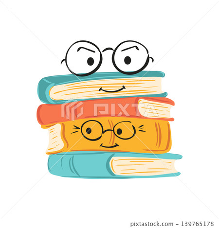 Stack of book with faces in flat design. Cute characters with glasses. Vector illustration isolated. Stack of book with faces in flat design. Cute characters with glasses. Vector illustration isolated. 139765178