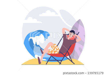 Summertime concept in modern flat design for web. Man surfer relaxing at ocean beach and surfing in high waves, doing water sport hobby at seaside resort in holiday recreation. Vector illustration. 139765179