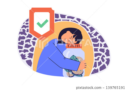 Saving money web concept with flat cartoon people for website design. Woman hugging glass jar where collecting coins with financial strategy, feeling stability and safety shield. Vector illustration. Saving money web concept with flat cartoon people for website design. Woman hugging glass jar where collecting coins with financial strategy, feeling stability and safety shield. Vector illustration. 139765191