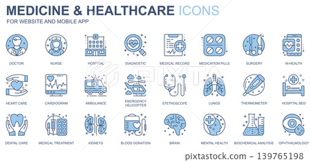 Medicine and healthcare web icons set in duotone line design. Pack of doctor, nurse, hospital, diagnostic, medical record, medication pills, lungs, other outline stroke pictograms. Vector illustration Medicine and healthcare web icons set in duotone line design. Pack of doctor, nurse, hospital, diagnostic, medical record, medication pills, lungs, other outline stroke pictograms. Vector illustration 139765198