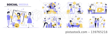 Social media concept set in flat web design. Collection with people make ne posts with photo or video content, likes, sharing links with friends. Flat vector illustration isolated on white background. Social media concept set in flat web design. Collection with people make ne posts with photo or video content, likes, sharing links with friends. Flat vector illustration isolated on white background. 139765218