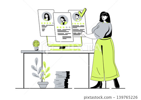 Recruitment agency web concept with flat cartoon people for website design. HR manager looking best resume for open vacancy, choosing candidates for job interview, hiring worker. Vector illustration. Recruitment agency web concept with flat cartoon people for website design. HR manager looking best resume for open vacancy, choosing candidates for job interview, hiring worker. Vector illustration. 139765226