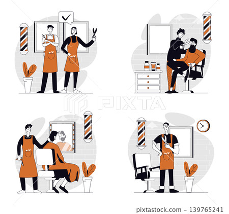 Barbershop concept set in flat design for web. Collection with people getting professional haircut and styling, hairdressers shaving beard and mustaches, doing care treatment. Vector illustrations. Barbershop concept set in flat design for web. Collection with people getting professional haircut and styling, hairdressers shaving beard and mustaches, doing care treatment. Vector illustrations. 139765241
