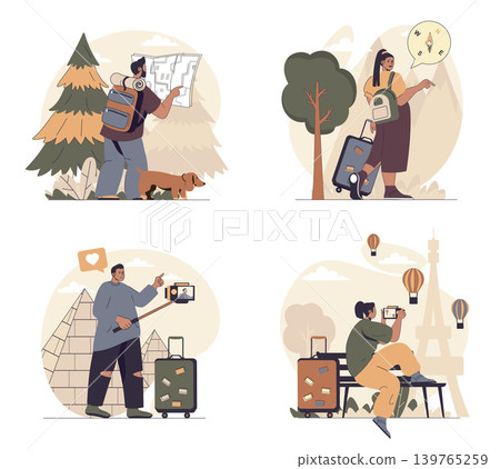 Travelling concept scenes set in flat web design. People in situations of hiking in forest and mountains, go in vacation in France or Egypt, rest, sightseeing and taking photos. Vector illustrations. Travelling concept scenes set in flat web design. People in situations of hiking in forest and mountains, go in vacation in France or Egypt, rest, sightseeing and taking photos. Vector illustrations. 139765259