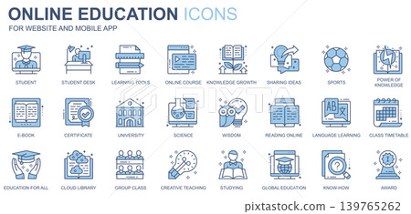 Online education web icons set in duotone line design. Pack of student, desk, learning tools, course, knowledge growth, sharing idea, university, other outline stroke pictograms. Vector illustration Online education web icons set in duotone line design. Pack of student, desk, learning tools, course, knowledge growth, sharing idea, university, other outline stroke pictograms. Vector illustration 139765262
