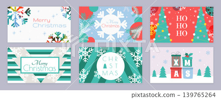 Merry Christmas cover template for social media. Xmas greeting cards with abstract different snowflakes, pine branches with snow, festive fir trees, gifts with holly in forest. Vector illustration. Merry Christmas cover template for social media. Xmas greeting cards with abstract different snowflakes, pine branches with snow, festive fir trees, gifts with holly in forest. Vector illustration. 139765264