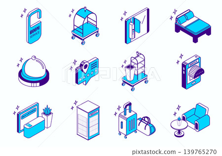 Hotel infrastructure concept 3d isometric icons set for web isometry design. Collection elements of room service, door key, bed, restaurant, rating, cleaning, online booking, more. Vector illustration Hotel infrastructure concept 3d isometric icons set for web isometry design. Collection elements of room service, door key, bed, restaurant, rating, cleaning, online booking, more. Vector illustration 139765270