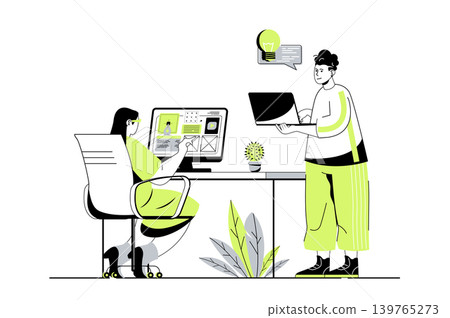 Designer studio web concept with flat cartoon people for website design. Woman and man creating website layouts and drawing graphic elements, generating new ideas and visuals. Vector illustration. Designer studio web concept with flat cartoon people for website design. Woman and man creating website layouts and drawing graphic elements, generating new ideas and visuals. Vector illustration. 139765273