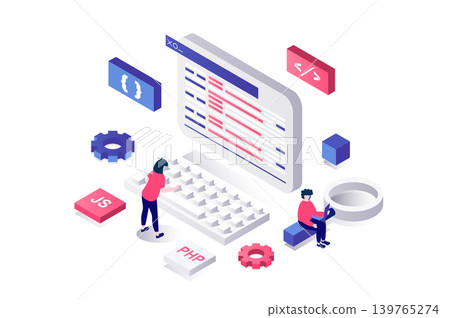 Creating website 3d isometric concept in geometry graphic design for web. People coding and developing homepage interface at screen, engineering layout and working in browser. Vector illustration. 139765274