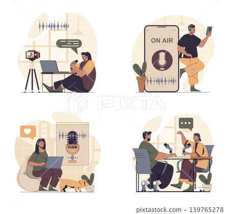 Podcast streaming concept scenes set in flat web design. People in situations of broadcasting and recording talks in studio, creating audio in headphones, followers listening. Vector illustrations. Podcast streaming concept scenes set in flat web design. People in situations of broadcasting and recording talks in studio, creating audio in headphones, followers listening. Vector illustrations. 139765278