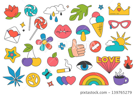 Retro groovy y2k stickers set elements in flat graphic design. Bundle objects of funky signs with flowers, lollipop, cloud, leaf, love, kiss, mushroom, rainbow and other. Vector illustration. Retro groovy y2k stickers set elements in flat graphic design. Bundle objects of funky signs with flowers, lollipop, cloud, leaf, love, kiss, mushroom, rainbow and other. Vector illustration. 139765279