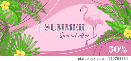 Summer horizontal sale banner. Shopping promotion poster template with green lush silhouettes of tropical palms foliage and monstera leaves, jungle leaflets and pink flamingo. Vector illustration. Summer horizontal sale banner. Shopping promotion poster template with green lush silhouettes of tropical palms foliage and monstera leaves, jungle leaflets and pink flamingo. Vector illustration. 139765284