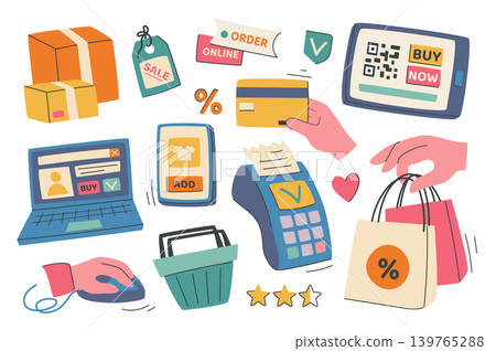 Online shopping set in flat graphic design. Collection isolated elements of sale, order, delivery box parcel, credit card, cashless payment, mobile app, website, basket, other. Vector illustration. 139765288