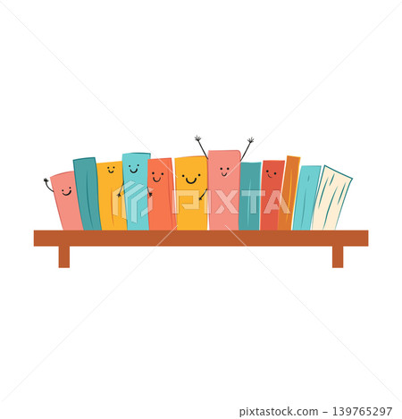 Books on shelf in flat design. Cute characters with emotional faces. Vector illustration isolated. 139765297