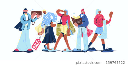 Women fashion concept in cartoon web design. Female people making shopping, buying new clothing and accessory, selecting stylish casual outfits. Flat vector illustration isolated on white background. 139765322