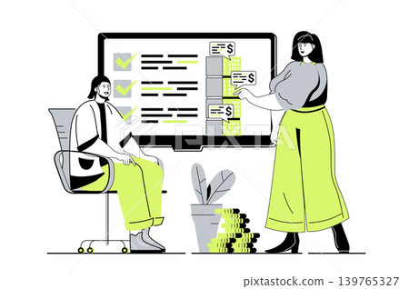 Real estate web concept with flat cartoon people for website design. Man and woman choosing new apartments for rent or house for buying, discussing housing projects with broker. Vector illustration. Real estate web concept with flat cartoon people for website design. Man and woman choosing new apartments for rent or house for buying, discussing housing projects with broker. Vector illustration. 139765327