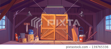 Wooden storehouse interior background banner for game design. Storage room inside with big closed gates, windows, hanging lamps, boxes, canister, old cloth, ladder, other. Vector cartoon illustration Wooden storehouse interior background banner for game design. Storage room inside with big closed gates, windows, hanging lamps, boxes, canister, old cloth, ladder, other. Vector cartoon illustration 139765336