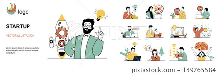 Startup concept with character situations mega set in flat web design. Bundle of scenes people generating ideas, developing new company with investments, achieving company goals. Vector illustrations. Startup concept with character situations mega set in flat web design. Bundle of scenes people generating ideas, developing new company with investments, achieving company goals. Vector illustrations. 139765584