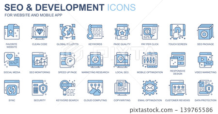 SEO and development web icons set in duotone line design. Pack of clean code, global solution, keywords, page quality, pay per click, social media, other outline stroke pictograms. Vector illustration SEO and development web icons set in duotone line design. Pack of clean code, global solution, keywords, page quality, pay per click, social media, other outline stroke pictograms. Vector illustration 139765586