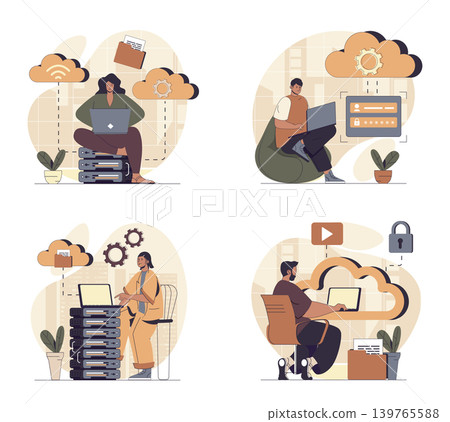 Cloud computing concept scenes set in flat web design. People in situations of using cloud technology, making data backup, working with database system and online server storage. Vector illustrations. 139765588
