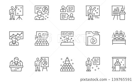 Business conference icons set in outline stroke design for web. Pack line pictograms with speaker, businessman, presentation, discussion, team meeting, audience, training, other. Vector illustration. Business conference icons set in outline stroke design for web. Pack line pictograms with speaker, businessman, presentation, discussion, team meeting, audience, training, other. Vector illustration. 139765591