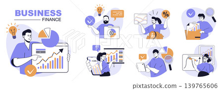 Business and finance concept set in flat web design. People in isolated scenes making financial analysis, planning income growth strategy, brainstorming and project improvement. Vector illustrations. 139765606