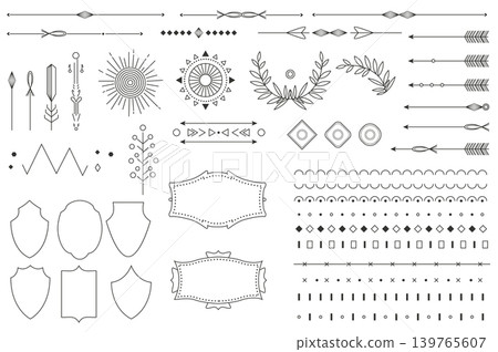 Vintage line set elements in flat graphic design. Collection of dividers and frames, arrows, linear laurel and flourish borders, classic ornate vignette, emblem shapes and other. Vector illustration. Vintage line set elements in flat graphic design. Collection of dividers and frames, arrows, linear laurel and flourish borders, classic ornate vignette, emblem shapes and other. Vector illustration. 139765607