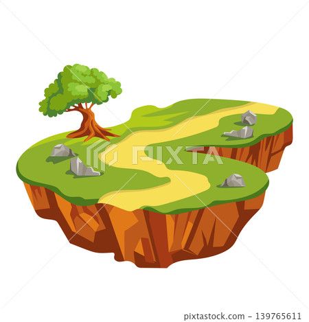 Flying ground island in flat design. Level platform with tree, stones and way. Vector illustration isolated. Flying ground island in flat design. Level platform with tree, stones and way. Vector illustration isolated. 139765611