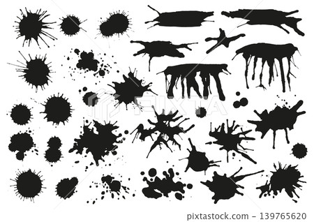 Black ink drops and splashes set elements in flat graphic design. Bundle objects of grunge stains and drips, messy paintbrush blots, grainy splattered texture, dirty paint spots. Vector illustration. 139765620