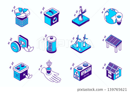 Clean energy concept 3d isometric icons set for web isometry design. Collection elements of recycling, wind turbine, global electricity, battery, solar panel, smart home, more. Vector illustration. 139765621