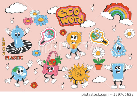 Eco vintage groovy set elements in flat graphic design. Collection of rainbow, daisy, light bulb, save Earth, water drop, less plastic, globe, vegetables in shopping bag, other. Vector illustration. 139765622