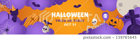 Happy Halloween banner design. Party invitation template with purple clouds, moon, pumpkin, skeleton, raven on skull, black cat, spiders on web, bats, tombstone cross, coffin. Vector illustration. Happy Halloween banner design. Party invitation template with purple clouds, moon, pumpkin, skeleton, raven on skull, black cat, spiders on web, bats, tombstone cross, coffin. Vector illustration. 139765645