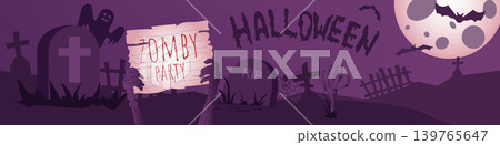 Happy Halloween banner design. Party invitation purple template with night cemetery, tombstones and crosses, mystery moon, spooky ghosts, flying bats, zombies hands with board. Vector illustration. Happy Halloween banner design. Party invitation purple template with night cemetery, tombstones and crosses, mystery moon, spooky ghosts, flying bats, zombies hands with board. Vector illustration. 139765647