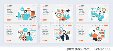 Time management concept of landing page with slide templates set in flat design. Website headers with people managing daily schedule, planning tasks in checklists to deadline. Vector illustrations. Time management concept of landing page with slide templates set in flat design. Website headers with people managing daily schedule, planning tasks in checklists to deadline. Vector illustrations. 139765657