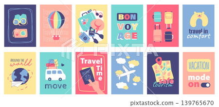 Travel cover typography template for posters, prints. Minimalistic banners set with camera, hot air balloon, luggage, bon voyage, suitcases, pillow, world trip, passport, other. Vector illustration. Travel cover typography template for posters, prints. Minimalistic banners set with camera, hot air balloon, luggage, bon voyage, suitcases, pillow, world trip, passport, other. Vector illustration. 139765670