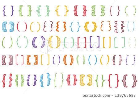 Shaded text brackets mega set elements in flat graphic design. Bundle objects of colorful scribble parenthesis, calligraphic quote frames with ornaments, doodle lettering frames. Vector illustration. Shaded text brackets mega set elements in flat graphic design. Bundle objects of colorful scribble parenthesis, calligraphic quote frames with ornaments, doodle lettering frames. Vector illustration. 139765682